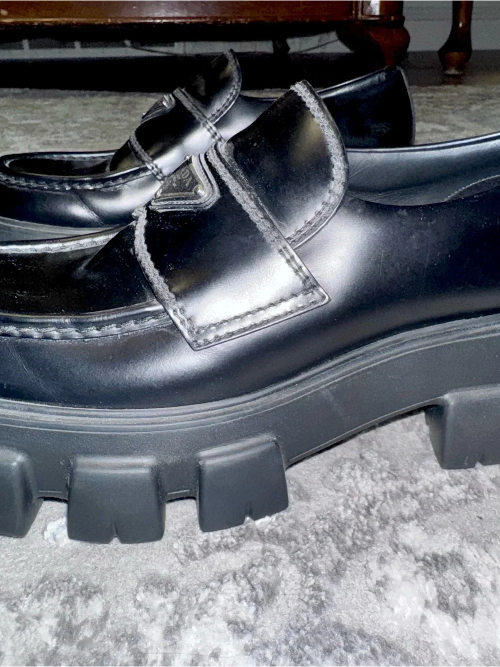 Prada Black Leather Lug Sole Penny Monolith Loafers
